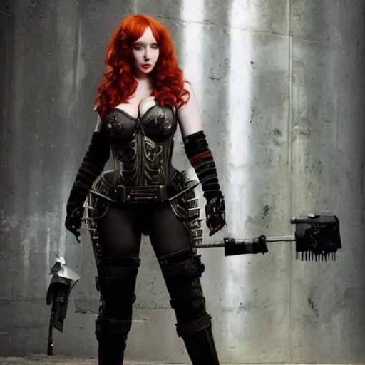 Prompt: full body photo of christina hendricks as a cyberpunk warrior with weapons