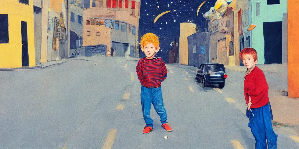 Image similar to boy on a street in space