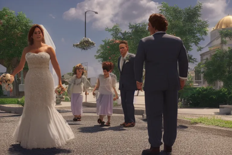 Image similar to a still from My Big Fat Greek wedding, wedding, wedding, with Fox McCloud and godzilla, octane render, nvidia raytracing demo, masterpiece