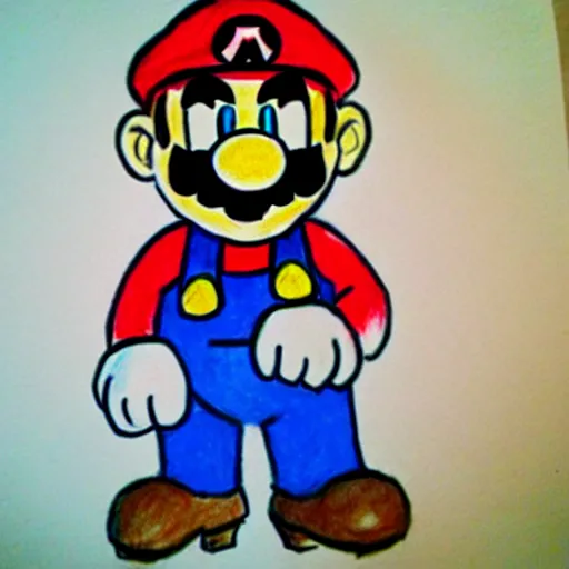 Image similar to child's drawing on mario from super mario brothers, crayon