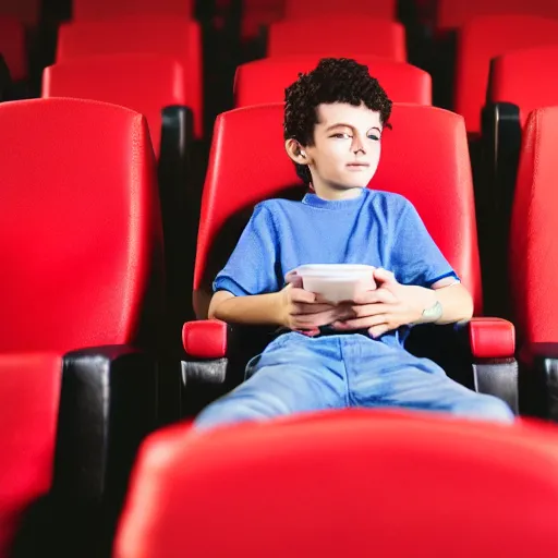 Image similar to real photo of a boy sitting alone in a cinema, extremely detailed and intricate