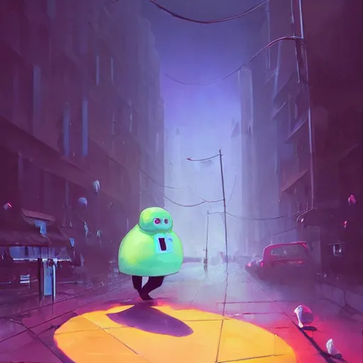 Image similar to the blob, a being of green ghostly ooze making its way through abandoned midnight streets, ray swanland, rhads,