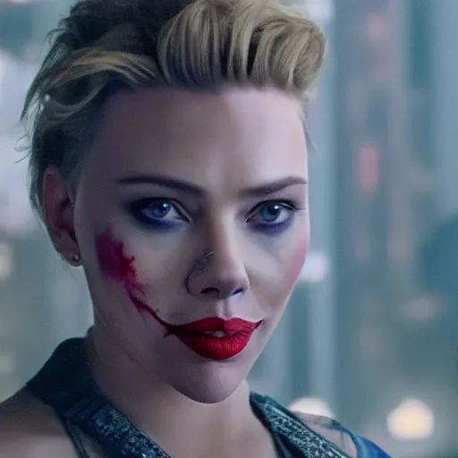 Prompt: beautiful awe inspiring (Scarlett Johansen) as The Joker smiling 8k hdr