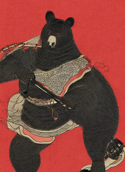 Prompt: a full body ukiyo-e portrait of a fully armored samurai Asian black bear, intricate, elegant, highly detailed, digital painting, artstation, concept art, smooth, sharp focus, illustration