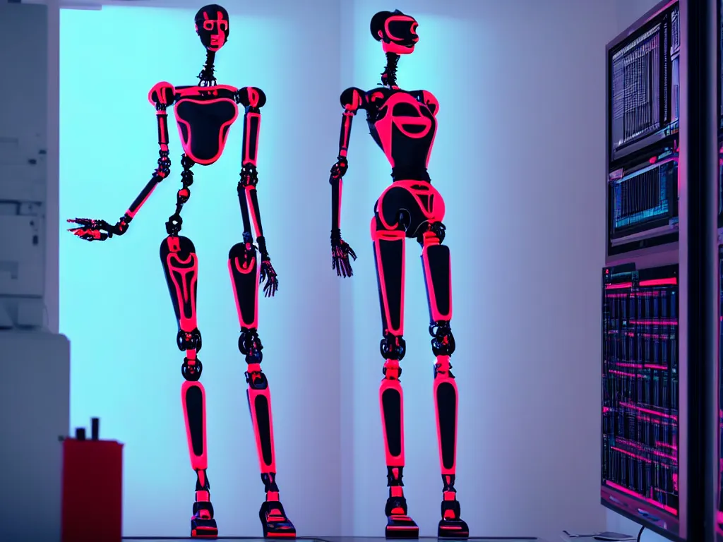 Image similar to beautiful tall female robot printed with red and black 3 d geometrical neon guarding a wall of computers!!!!!!!!!! + flowering vaporwave orchids!!!, clean linework, dramatic, uncanny valley, insanely detailed, 4 k, trending on artstation, photorealistic, award winning, rule of thirds, volumetric lighting, octane render