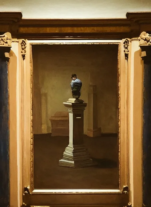 Prompt: a teratomaon a plinth in the middle of a museum room full of people painted by hopper and goya
