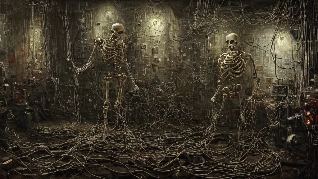 Prompt: a surreal dreamlike scene of a cybernetically augmented skeleton covered in wires in a dimly lit basement, somber melancholic matte painting, highly detailed oil painting, liminal space, 8k, stillness, solitude, dark cold pale silent atmosphere, masterpiece