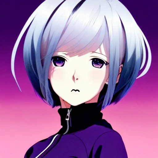 Prompt: anime poster film still portrait, black young woman, large, purple eyes!!!, white hair!!!!!, french bob, bomber jacket, detailed facial features, dynamic pose, cute face by ilya kuvshinov, yoh yoshinari, makoto shinkai, rimlight, cel shaded, 4 k