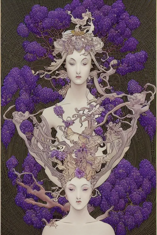 Prompt: beautiful symmetrical goddess of wisteria : : 2, highly detailed, intricate designs, by hokusai, mike mignola, nekro, peter mohrbacher, alphonse mucha, brian froud, yoshitaka amano, kim keever, victo ngai, james jean, jean giraud, elaborate ink illustration, trending on artstation