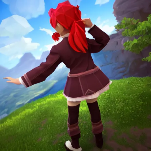 Prompt: ultra low poly modelling, smooth color gradients, isometric view, 1 6 bit colors, from touhou, a chibi girl, brown jacket with long sleeves, pigtails hair, volumetric lighting, fantasy, 4 k, intricate, hyper realistic, by blizzard, warcraft 3, backlit