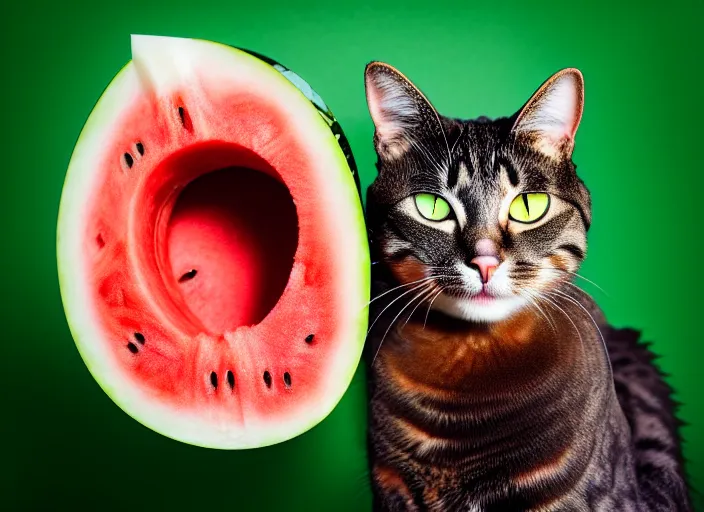 Image similar to photo of a cat wearing a helmet made of a watermelon. fantasy horror style. highly detailed 8 k. intricate. lifelike. soft light. nikon d 8 5 0 5 5 mm. dof. cinematic post - processing.