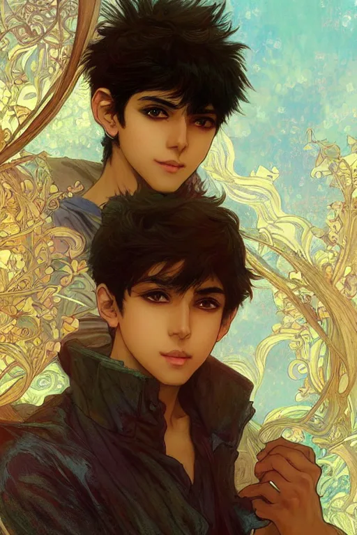 Prompt: pakistani teenage boy as an anime protagonist, fantasy, intricate, elegant, highly detailed, digital painting, artstation, concept art, smooth, sharp focus, illustration, art by gaston bussiere and alphonse mucha