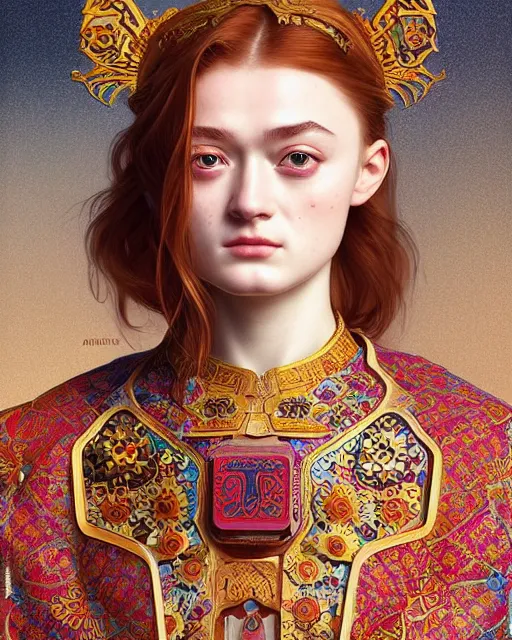 Image similar to portrait of a turkish masculine female sadie sink cyberpunk machine, machine face, upper half portrait, decorated with ottoman opera motifs, muscular, asian, fine china, wuxia, traditional chinese art, intricate intense elegant, highly detailed symmetry headpiece digital painting artstation concept art smooth sharp focus illustration, art by artgerm and greg rutkowski alphonse mucha 8 k