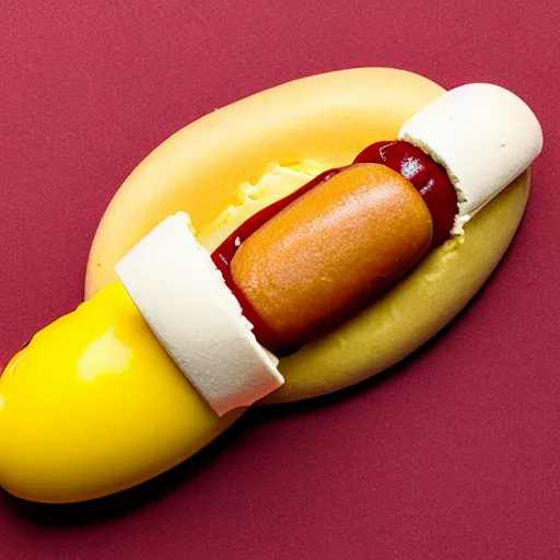 Image similar to promotional photo of an ice cream with hot dog taste, mustard, ketchup, relish,