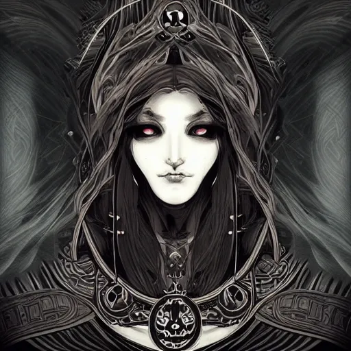 Image similar to shadowy pitch-black void occultist, gnostic sigils, ars goetia, heroine, beautiful symmetrical portrait, intricate complexity, rule of thirds, in the style of Artgerm and Kazuki Tanahashi, character concept