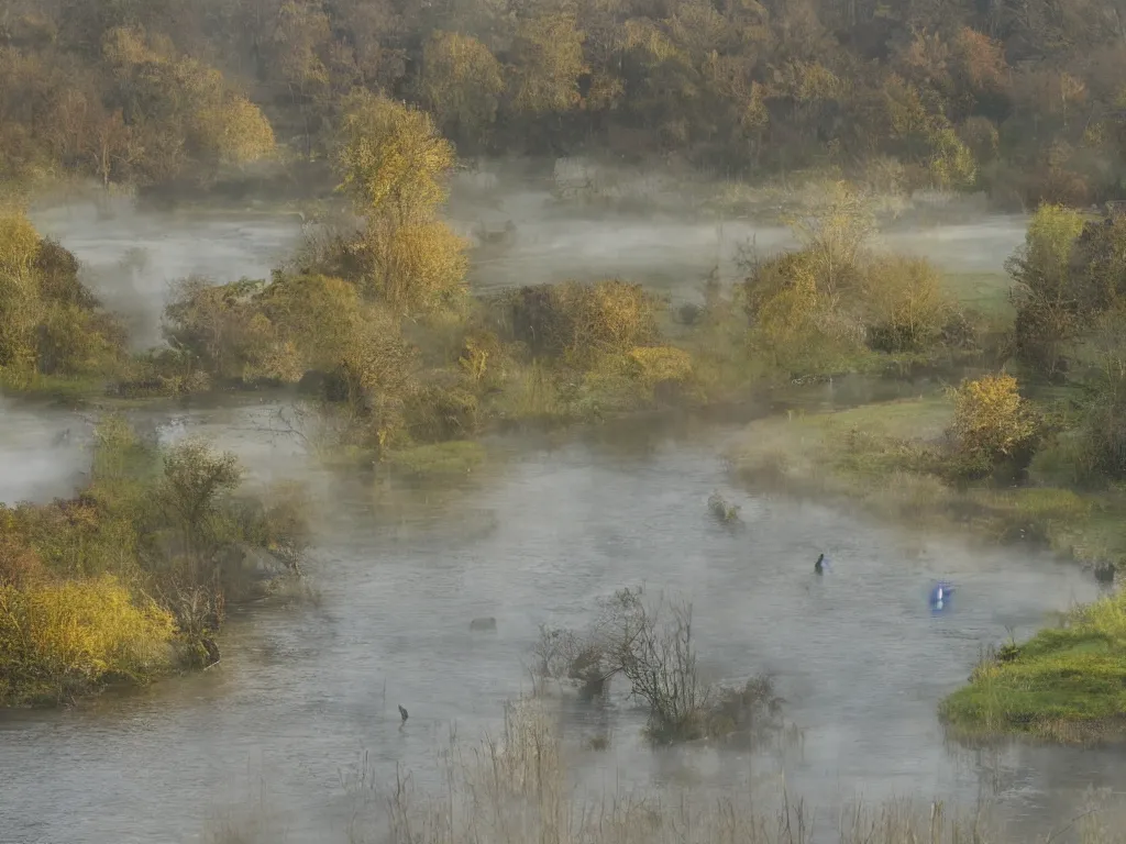 Image similar to A landscape photo taken by Kai Hornung of a river at dawn, misty, early morning sunlight, cold, chilly, two swans swim by, rural, English countryside