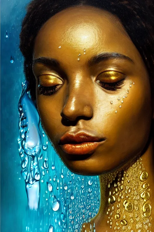 Image similar to hyperrealistic precisionist cinematic profile very expressive! oshun goddess, in water! john everett millais, mirror dripping droplet!, gold flowers, highly detailed face, digital art masterpiece, smooth eric zener cam de leon, dramatic pearlescent turquoise light on one side, low angle uhd 8 k, shallow depth of field