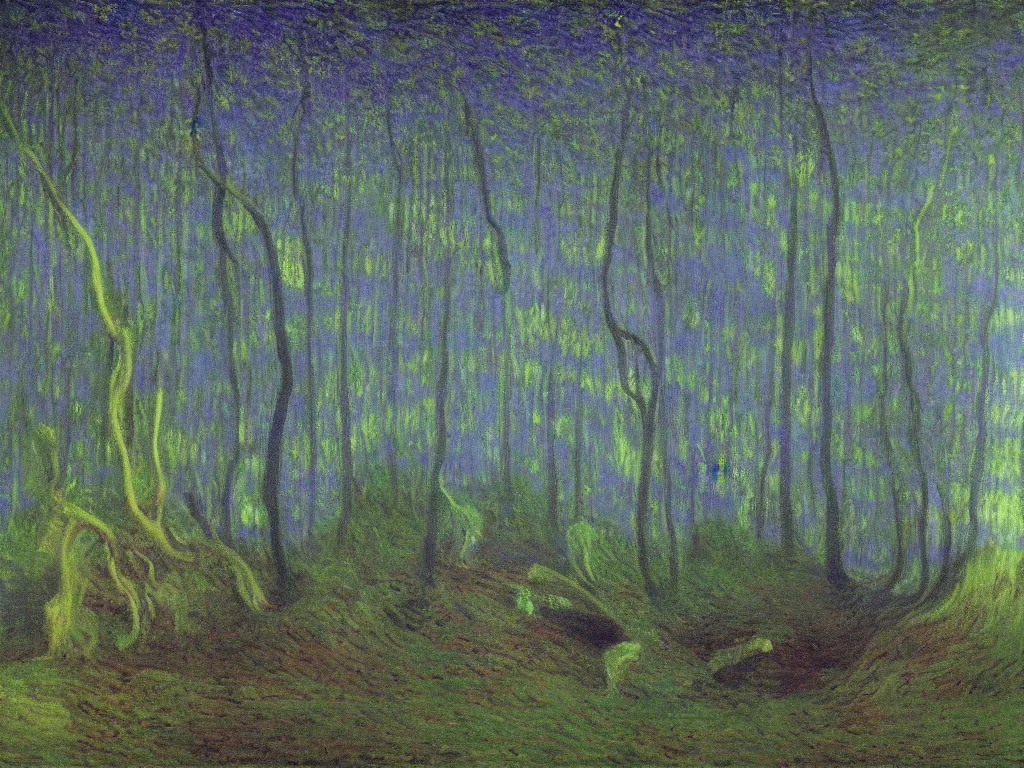 Prompt: ! dream glowing forest of mounds in the auroral psychedelia. dark, looming shadows over the mask. painting by monet, arnold bocklin, wayne barlowe, agnes pelton, rene magritte