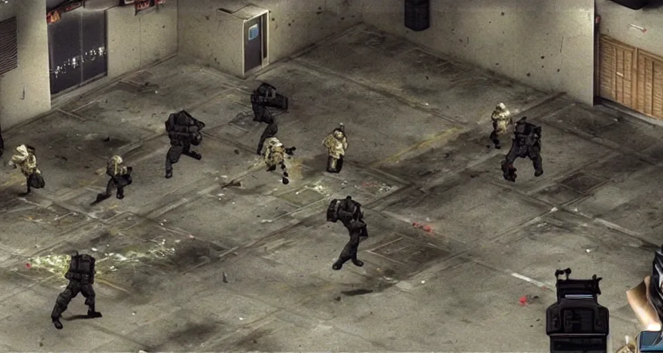 Image similar to 1998 Video Game Screenshot of Neo-tokyo Cyborg bank robbers vs police, Set inside of Parking Garage, Dark, Multiplayer set-piece Ambush, Tactical Squads :10, Police officers under heavy fire, Suppressive fire, Pinned down, Destructible Environments, Gunshots, Headshot, Bullet Holes and Anime Blood Splatter, :10 Gas Grenades, Riot Shields, MP5, AK45, MP7, P90, Chaos, Anime Machine Gun Fire, Gunplay, Shootout, :14 FLCL + Jet Grind Radio, Cel-Shaded:17, Created by Katsuhiro Otomo + Hideo Kojima + Arc System Works: 20