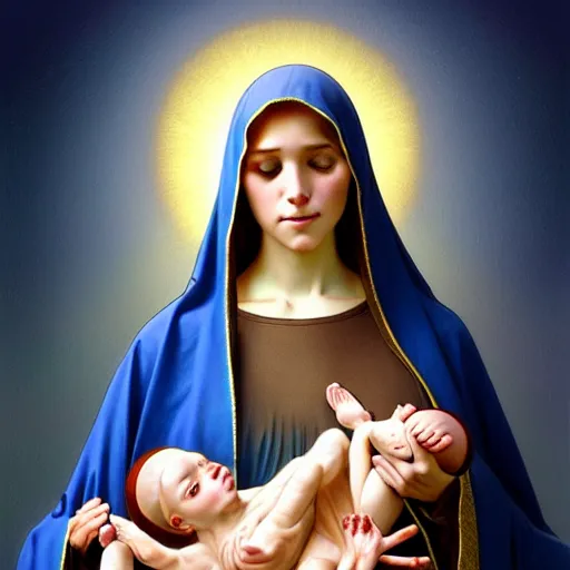Prompt: the virgin mary holding fetus jesus fetus christ, highly detailed, digital painting, concept art, smooth, sharp focus, illustration, surrealist, absurd, humorous, photoshop, art by artgerm and greg rutkowski and alphonse mucha