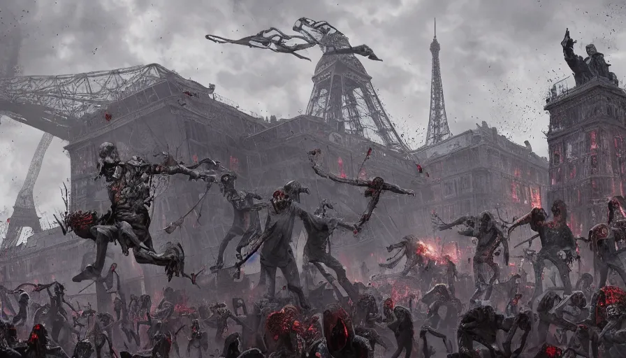 Prompt: paris invaded by zombies with survivors on roofs, destroyed eiffel tower, hyperdetailed, artstation, cgsociety, 8 k