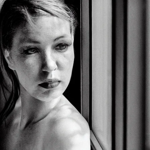 Image similar to black and white fashion photograph highly detailed portrait of a depressed beautiful 35 years old model woman standing by the window, natural light, lomo, fashion photography, film grain, soft vignette, sigma 85mm f/1.4 1/10 sec shutter