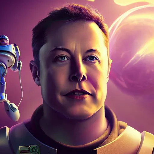 Image similar to portrait of elon musk as buzz lightyear, league of legends amazing splashscreen artwork, splash art, natural light, elegant, photorealistic facial features, intricate, fantasy, detailed face, atmospheric lighting, anamorphic lens flare, cinematic lighting, league of legends splash art, hd wallpaper, ultra high details by greg rutkowski