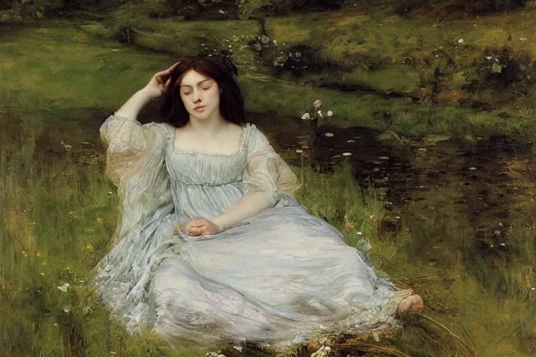 Prompt: a masterful portrait of a beautiful young girl, floating over a river full of high green grass and fine flowers, drowned, with closed eyes, wearing a nicely crafted antique dress, by sir john everett millais, realistic, hyperdetailed, ethereal, sad, masterpiece, oil painting, pre - raphaelites
