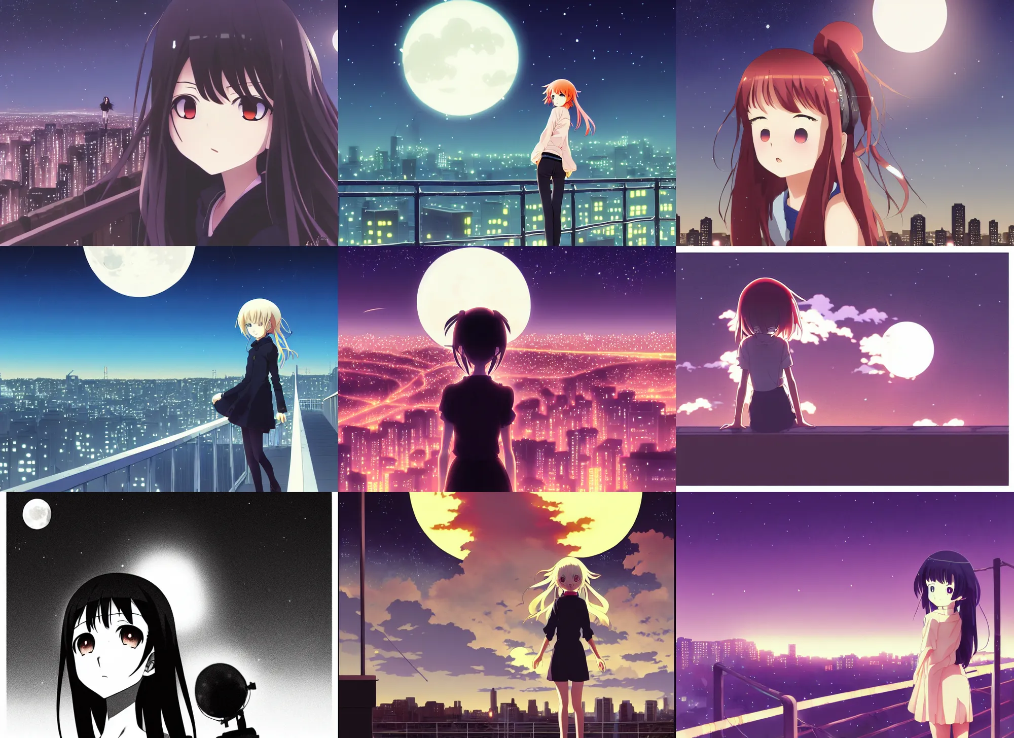 Prompt: anime visual, dark portrait of a young female sightseeing above the city at night, guardrail, moon, cute face by yoh yoshinari, katsura masakazu!, strong silhouette, ilya kuvshinov, anime cels, 1 8 mm lens, rounded eyes, moody, detailed facial features, inked