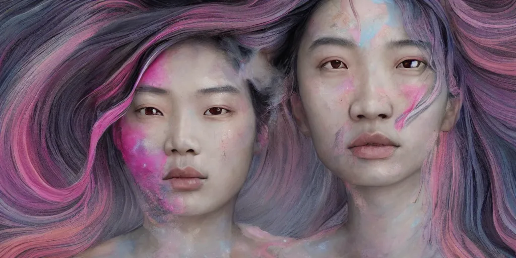 Image similar to a portrait of a very beautiful young asian goddess with pink and grey hair radiating an artwork made of swirling paint and impasto, sleepy eyes by wlop and monia merlo and fintan magee, background is multicoloured volumetric displacement, hyperrealism, subsurface scattering, arnold render, noise to volume, 8 k, houdini, xparticles