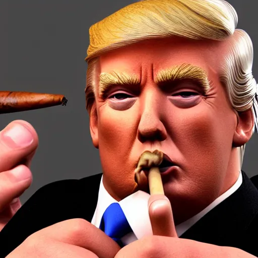 Image similar to a high quality photo of donald trump smoking a cigar, anatomically accurate eyes, 3d scene, render, ultra realistic, artstation, cgsociety