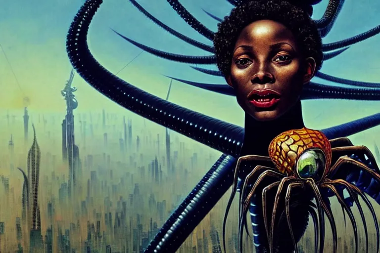 Image similar to realistic detailed closeup portrait movie shot of a beautiful black woman riding a giant spider, dystopian city landscape background by denis villeneuve, amano, yves tanguy, alphonse mucha, max ernst, ernst haeckel, kehinde wiley, caravaggio, roger dean, cyber necklace, rich moody colours, sci fi patterns, wide angle