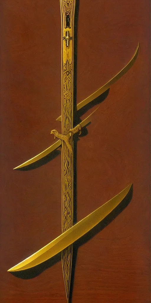 Prompt: a sword in the style of zdzisław beksinski, elegant, gold and oak inlay, wing motif, holy, wooden handle, golden blad