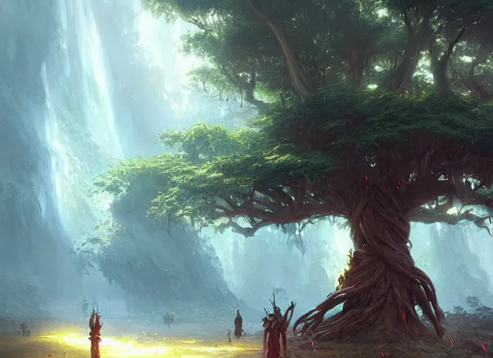 Image similar to The Mana Tree, a fantasy digital painting by Greg Rutkowski and James Gurney, trending on Artstation, highly detailed