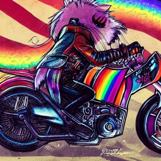 Image similar to wide angle full body, jacket wearing fluffy cute rainbow kitten wearing a black leather motorcycle jacket, riding on a motorcycle, cinematic concept art