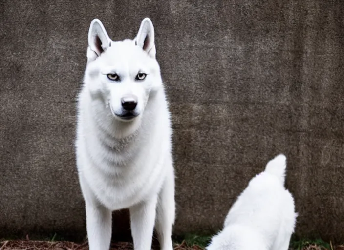 Image similar to film still of an anthropomorphic standing upright man dog white vested husky!!!!!! in a white vest wearing a white vest!!!!! in the new sci - fi movie, 8 k