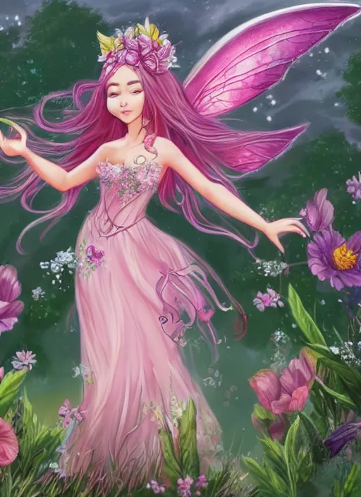 Prompt: full body d & d style of a pink beautiful fairy with large wings and flowing hair and beautiful face wearing clothing is exploring her flower garden, extremely detailed, 4 k