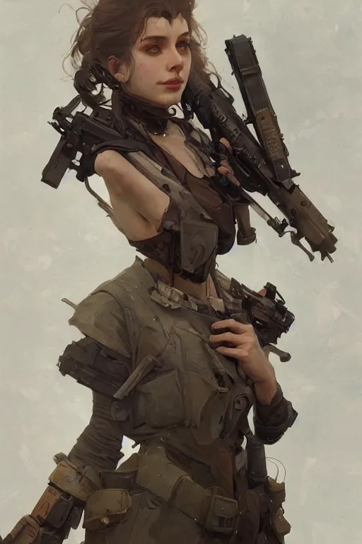 Image similar to A full portrait of a beautiful post apocalyptic heavy weapons expert, intricate, elegant, highly detailed, digital painting, artstation, concept art, smooth, sharp focus, illustration, art by Krenz Cushart and Artem Demura and alphonse mucha