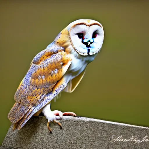 Image similar to barn owl in a suit, very detailed, album photo, canon shot