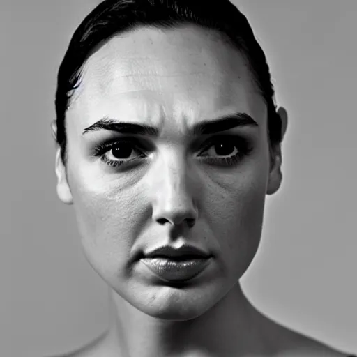 Prompt: photo of Gal Gadot by Diane Arbus, extreme closeup, black and white, high contrast, macro lens