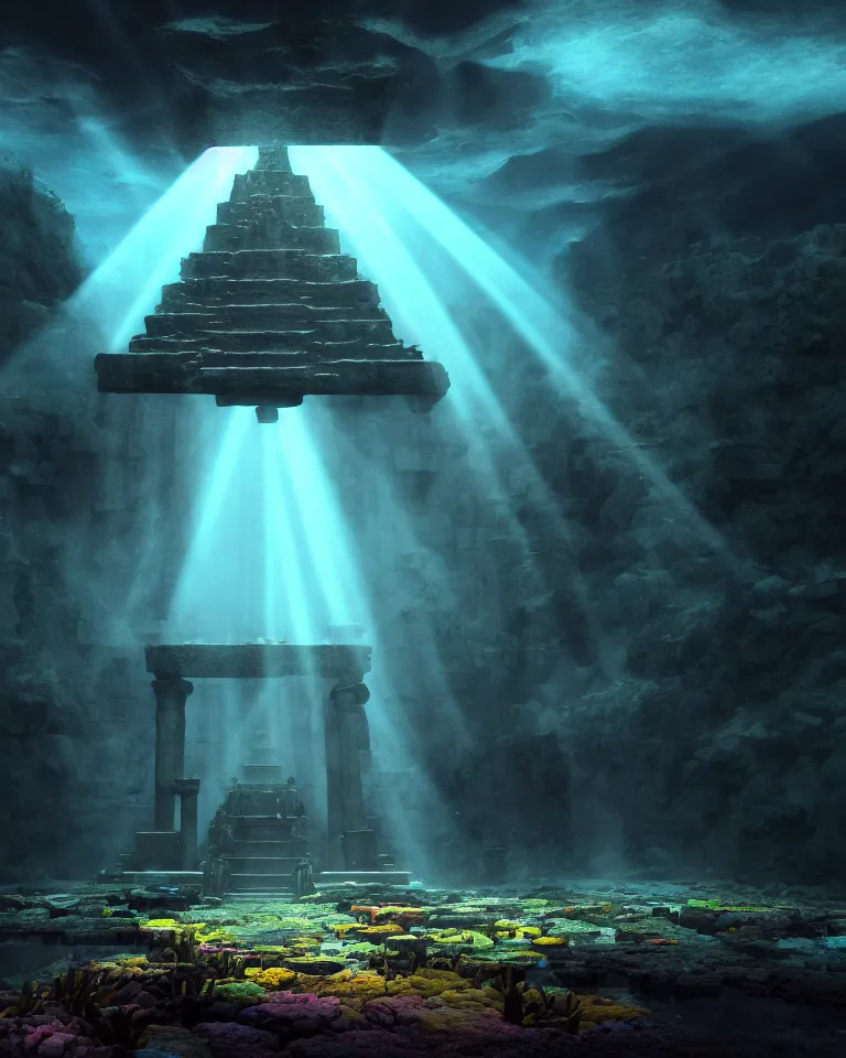Prompt: full color, wide shot of submerged pre - incan temple, dark, underwater, symmetrical, crepuscular rays, bubbles, abyss, grenada underwater sculpture park, anime style mixed with fujifilm, very dark, murky, foggy, atmospheric, artstation, cgsociety, octane render, cgi, unreal engine 5, denoise, detailed, cinematic masterpiece