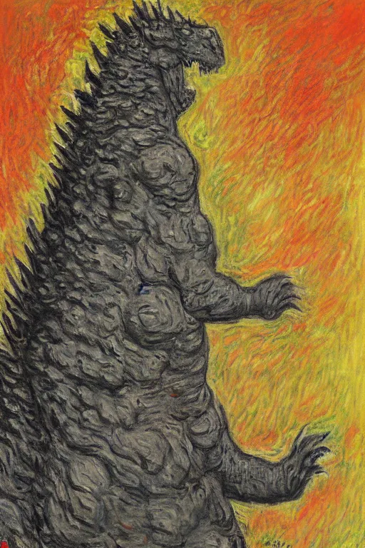 Image similar to portrait of shinzo abe as Godzilla painting by claude monet