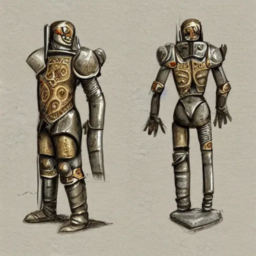 Image similar to Warforged royal guard made of stone, holding a guisarme, with a sun symbol on the center of his chest. Very strong, styled as a sketch with beige parchment and pencil, high detail, full body portrait