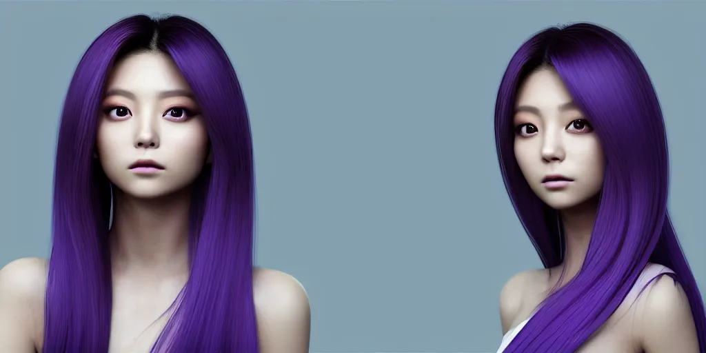 Image similar to woman with flowing long purple realistic hair like from a shampoo commercial side profile with hair flip, tzuyu from twice, in the style of wlop, artgerm, yasutomo oka, yuumei, rendered in unreal engine and redshift octane, digital art dynamic dramatic lighting, bokeh, imagine fx, artstation, cgsociety, zbrush central,
