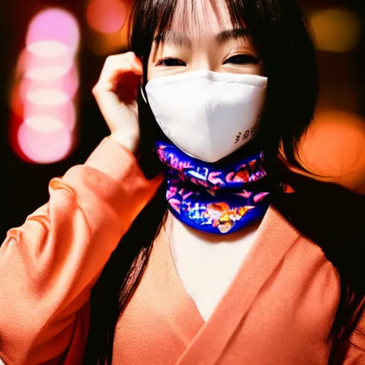 Prompt: japanese female balaclava face mask with golden necklace and kimono, photo portrait, beautiful female model, tokyo, city neon light, bokeh, long exposure, kodak promax 4 0 0, sony lens