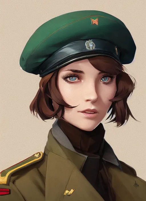 Image similar to symmetrical portrait of young woman with light brown shoulder length hair and hazel eyes dressed in a sharp dark teal military uniform and beret, smiling, ilya kuvshinov, svetlana tigai, greg rutkowski, anime, digital painting, concept art