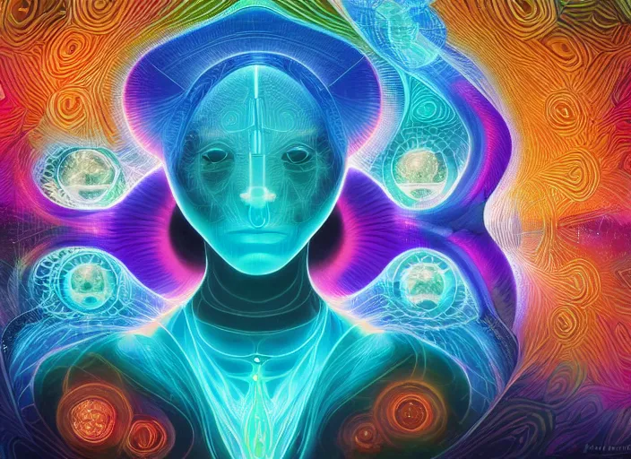 Image similar to ai transcendence into collaborative intelligence, connectedness, body, by alex grey, album cover, award winning, beautiful, colorful, volumetric lighting, trending on artstation