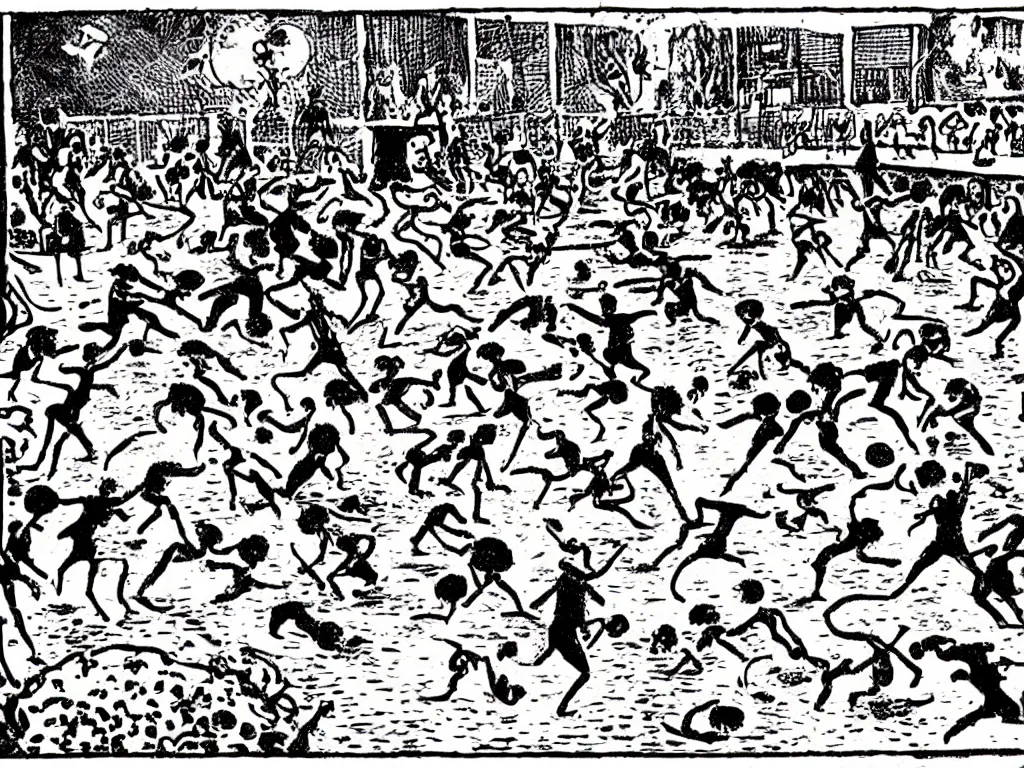 Image similar to a fine illustration of an ultra violent knife fight in a crowded floodlit swimming pool at dawn in the style of herge