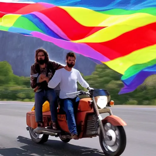 Image similar to a photograph of jesus riding a motorcycle with a rainbow flag on the back and a guy in the sidecar