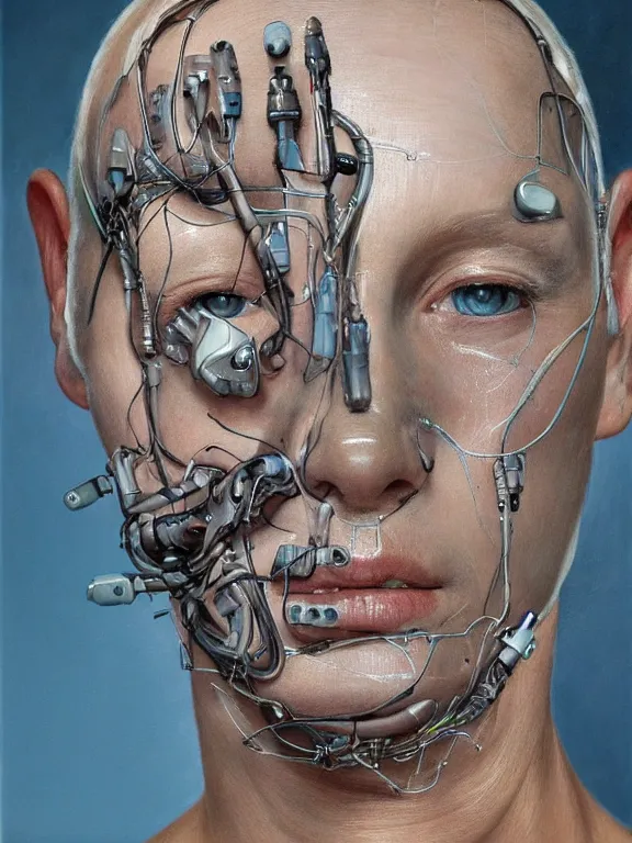 Prompt: cybernetic implants on face, metal jaw, usb port on forehead, portrait by jenny saville, calm, serene, relaxing, muted, naturalistic, minimalist